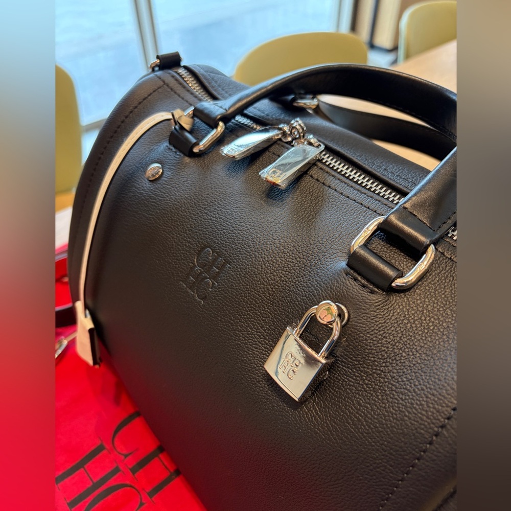 New Authentic Carolina Herrera CH Embossed two tone Genuine Leather Boston Bag - Picture 3 of 17